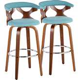 Gardenia 30" Swivel Bar Stool in Walnut Wood & Teal Fabric with Chrome Footrest (Set of 2)